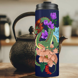 Bouteilles Isothermes Dragon Chinois Vert Mystique Floral Bleu Marine