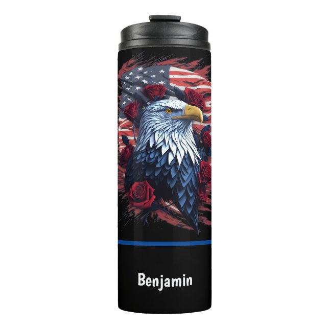 Bouteilles Isothermes Drapeau américain USA Aigle Roses Rouge Blanc Bleu (Devant)