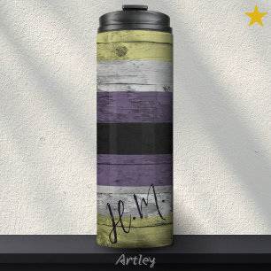 Bouteilles Isothermes Drapeau de fierté non binaire LGBT Wood Grain Nom 