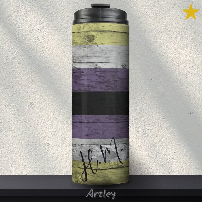 Bouteilles Isothermes Drapeau de fierté non binaire LGBT Wood Grain Nom  (Créateur téléchargé)