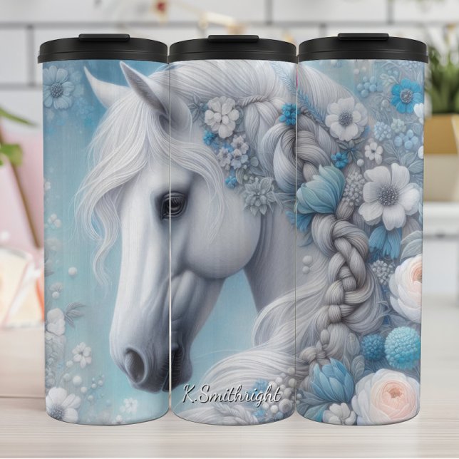 Bouteilles Isothermes Élégance florale bleue de cheval blanc (Créateur téléchargé)
