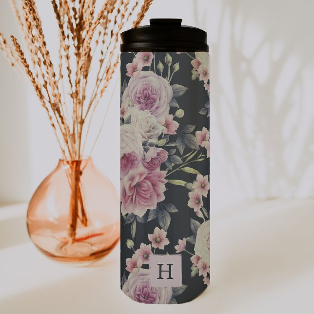 Bouteilles Isothermes Élégant floral foncé sur noir | Monogram Tumbler (Créateur téléchargé)