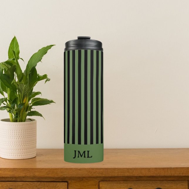 Bouteilles Isothermes Élégant Monogramme à rayures noir et vert foncé (Créateur téléchargé)