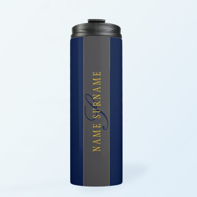 Bouteilles Isothermes Élégant Script Monogram Dark Navy Blue Grey & Gold (Créateur téléchargé)