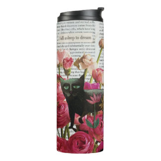 Bouteilles Isothermes Endormez-vous pour rêver Chat noir Fleurs roses ch