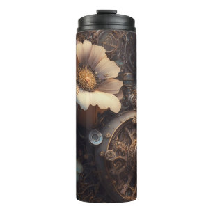 Bouteilles Isothermes Engrenages Steampunk et fleurs blanches 