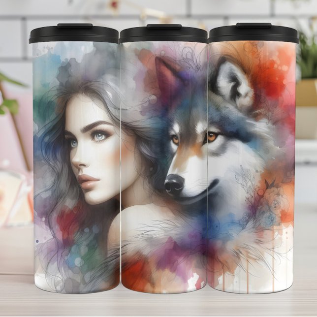 Bouteilles Isothermes Étanche aquarelle : Femme et Loup (Créateur téléchargé)