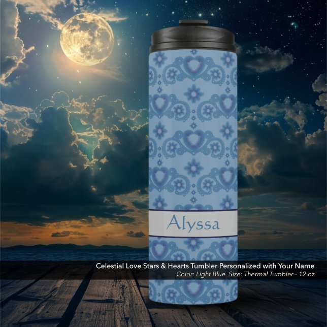 Bouteilles Isothermes Étoiles d'amour céleste Coeurs bleu clair (Celestial Love Stars and Hearts Light Blue Thermal Tumbler Personalized with Your Name)