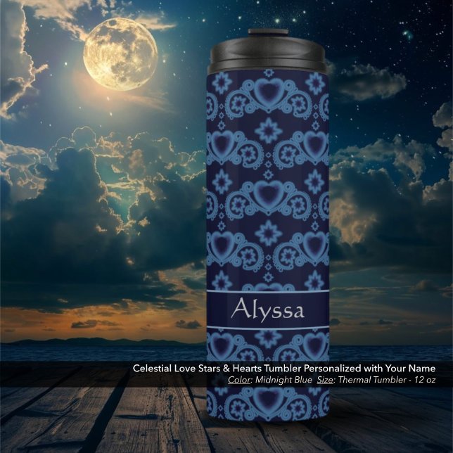 Bouteilles Isothermes Étoiles d'amour céleste Coeurs bleu foncé (Celestial Love Stars and Hearts Midnight Blue Thermal Tumbler Personalized with Your Name)