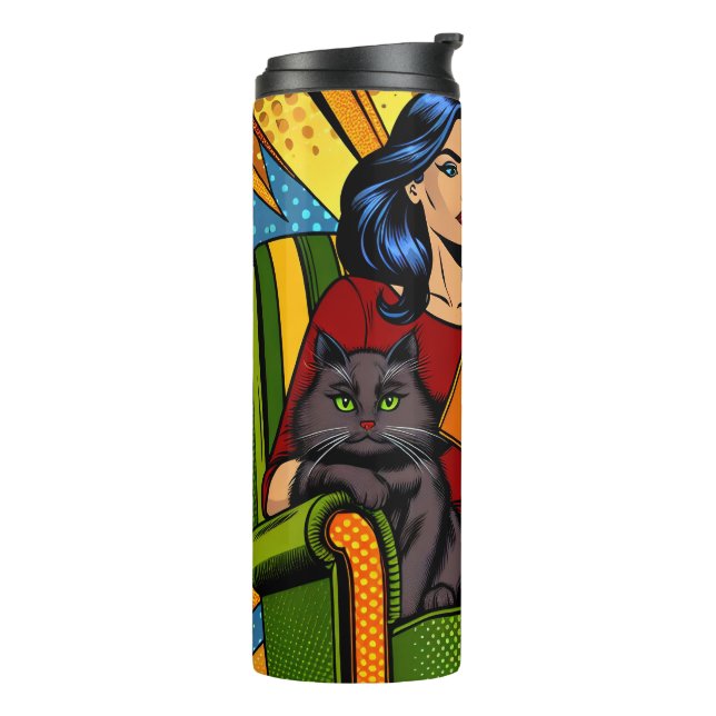 Bouteilles Isothermes Femme de style Pop Art lisant et chat (Tourné sur la gauche)