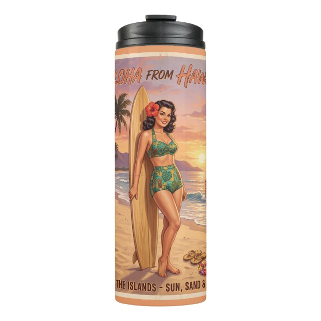 Bouteilles Isothermes Femme Hawaïenne de Style Rétro Épinglée (Devant)