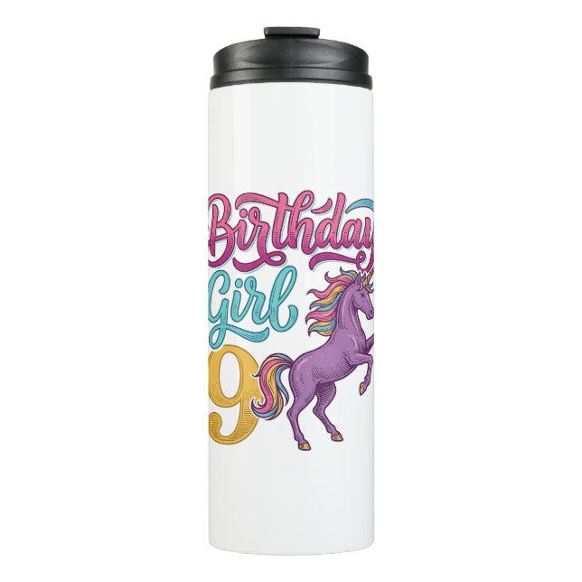 Bouteilles Isothermes Fille d'anniversaire 9 Licorne Dessin de gravure v (Devant)