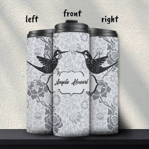 Bouteilles Isothermes Fille florale Art Nouveau grunge colibri gris