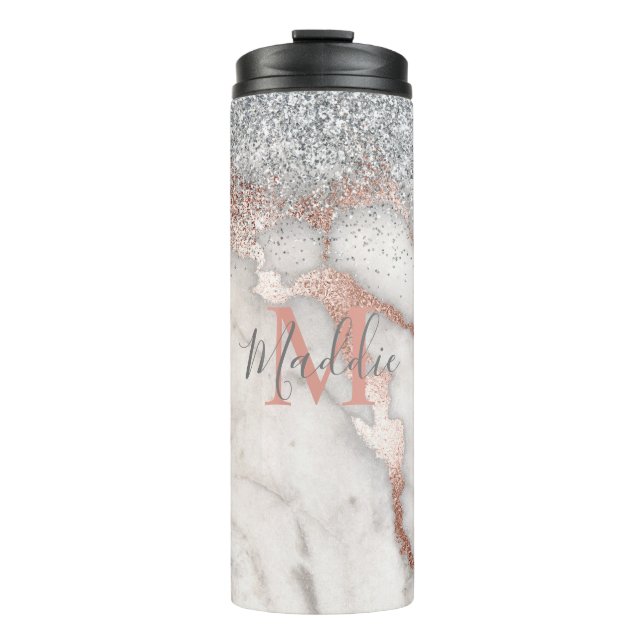 Bouteilles Isothermes Fille Rose Gold Marbre Argent Nom monogramme (Devant)