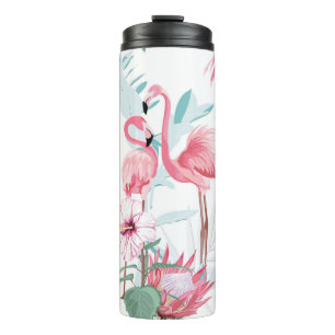 Bouteilles Isothermes flamant rose et fleurs exotiques, feuilles de palm