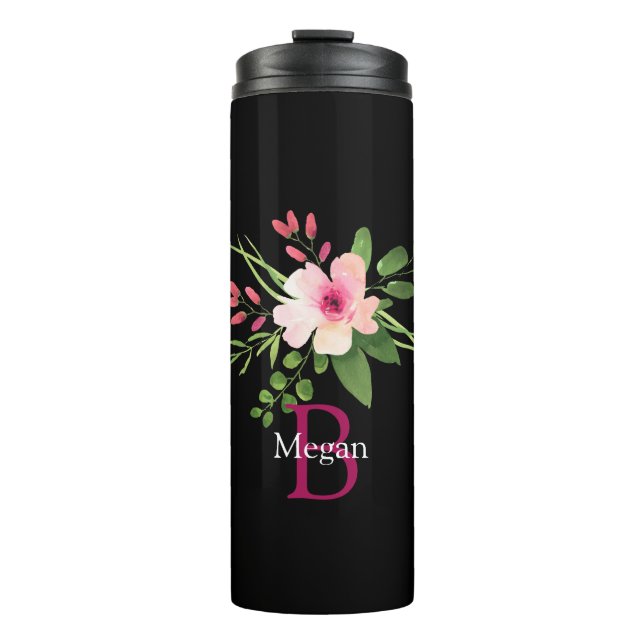 Bouteilles Isothermes Fleur aquarelle, nom et monogramme sur fond noir (Devant)