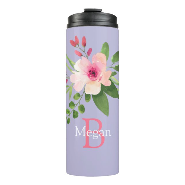 Bouteilles Isothermes Fleur aquarelle, nom et monogramme sur lavande (Devant)