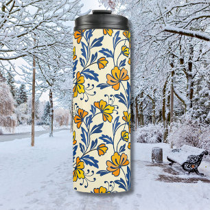Bouteilles Isothermes Fleur Bleue Feuillue de Style Folk Orange Jaune Vi
