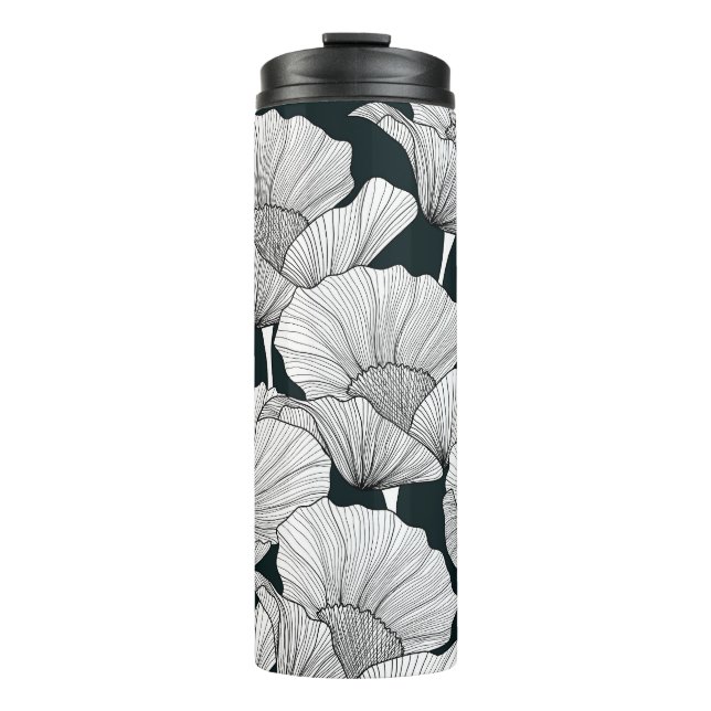 Bouteilles Isothermes Fleur de pavot, ligne blanche noire. (Devant)