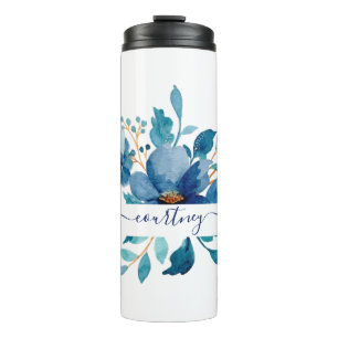 Bouteilles Isothermes Fleur personnalisée aquarelle bleu vif