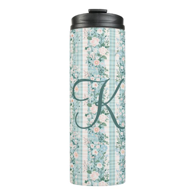 Bouteilles Isothermes Fleurs aquarelles roses et bleues Gingham Monogram (Devant)