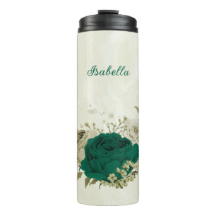 Bouteilles Isothermes fleurs beige vert émeraude mariage 
