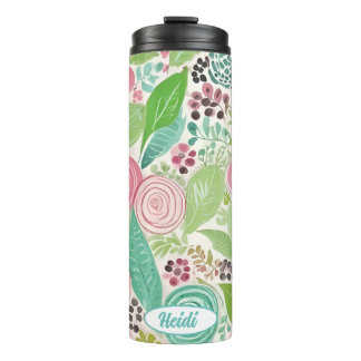 Bouteilles Isothermes Fleurs blanches et turquoises personnalisables