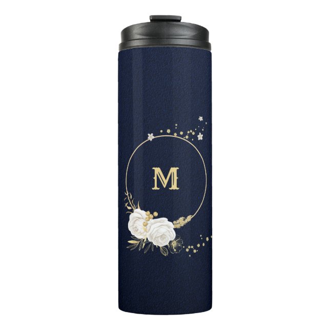 Bouteilles Isothermes fleurs blanches feuilles dorées marine (Devant)