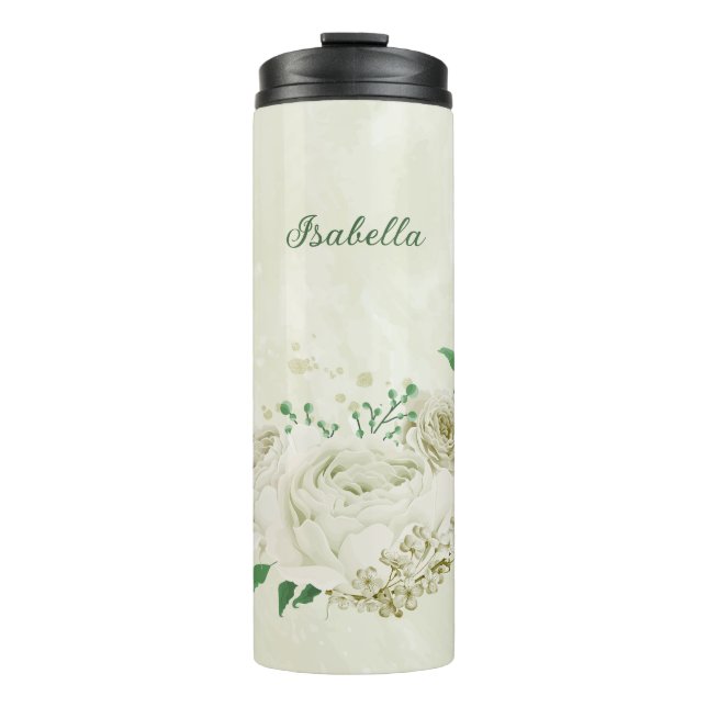 Bouteilles Isothermes fleurs blanches ivoire mariage (Devant)