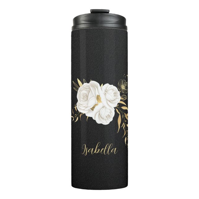 Bouteilles Isothermes fleurs blanches or feuille noir (Devant)