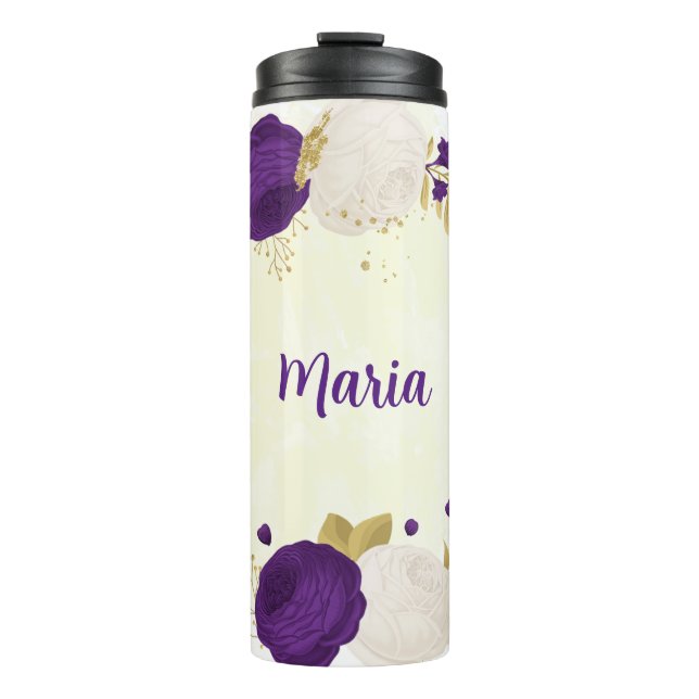 Bouteilles Isothermes fleurs blanches pourpre royal or botanique (Devant)