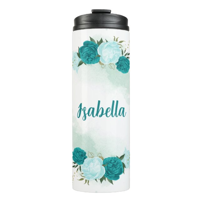 Bouteilles Isothermes fleurs bleu clair turquoise (Devant)