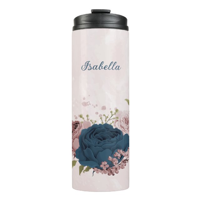 Bouteilles Isothermes fleurs bleu marine rose mariage  (Devant)