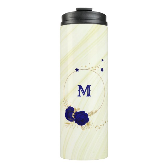 Bouteilles Isothermes fleurs bleu royal feuilles or marbre (Devant)