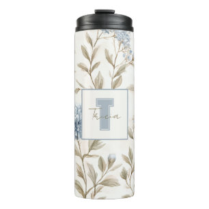 Bouteilles Isothermes Fleurs Bleues Marron Crème Monogramme Initial Nom