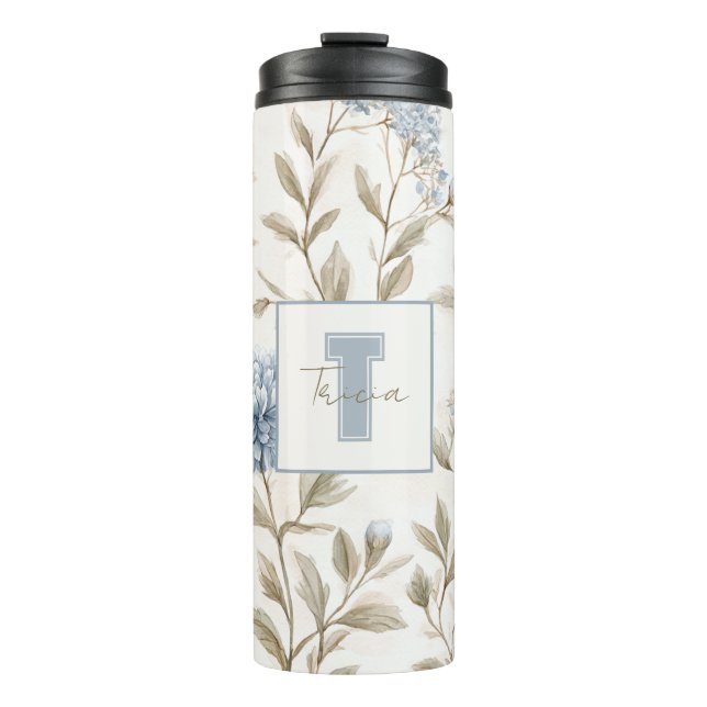 Bouteilles Isothermes Fleurs Bleues Marron Crème Monogramme Initial Nom (Devant)