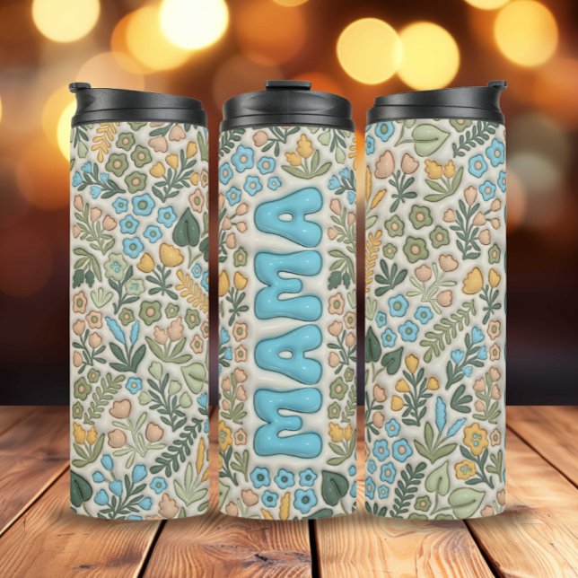 Bouteilles Isothermes Fleurs Boho bleu vert 3D Effet Mama (3D Inflated Light Blue Boho Flowers Mama Thermal Tumbler)
