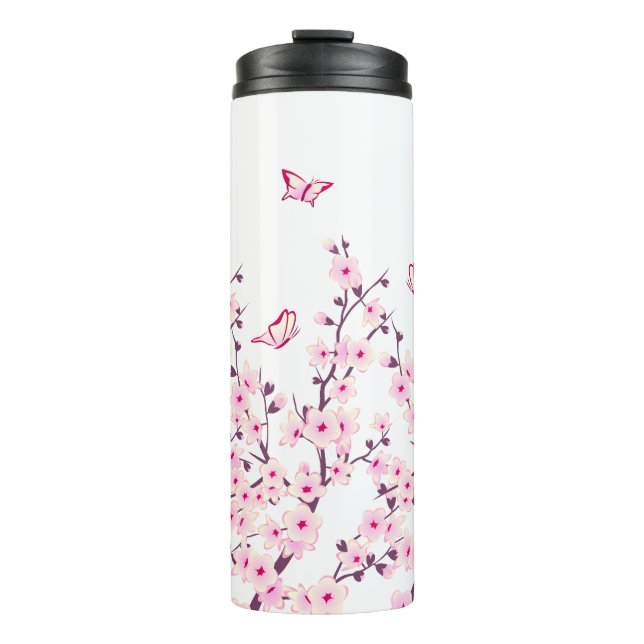 Bouteilles Isothermes Fleurs de cerisier papillons rose blanc (Devant)