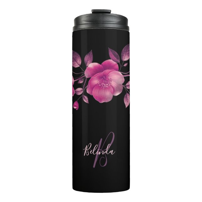 Bouteilles Isothermes Fleurs de cerisier rose 3D Nom noir Monogramme (Devant)
