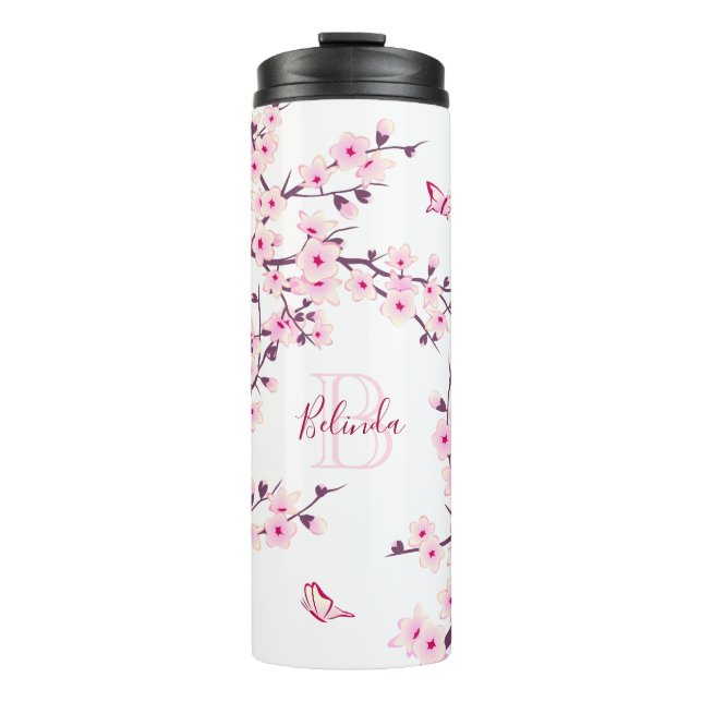 Bouteilles Isothermes Fleurs de cerisier rose blanc Nom Monogramme  (Devant)