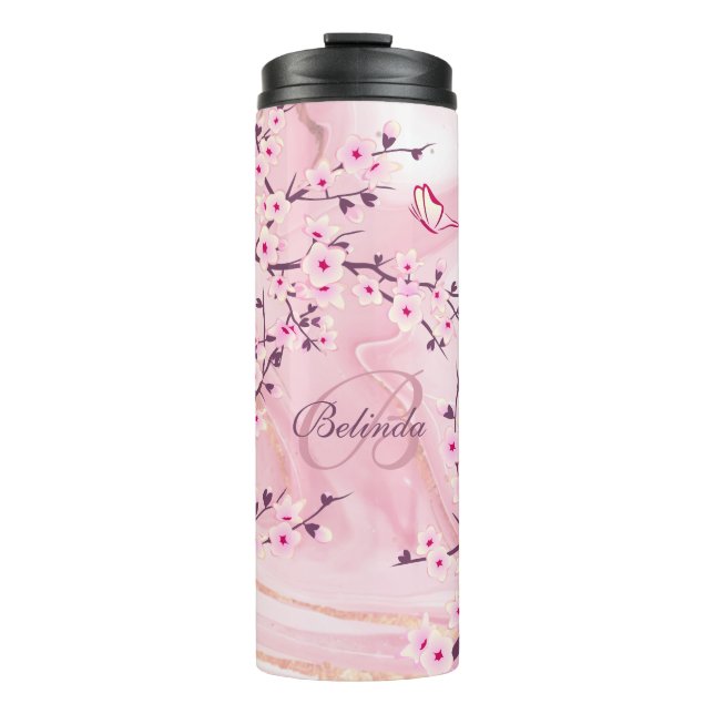 Bouteilles Isothermes Fleurs de cerisier rose Marbre Monogramme  (Devant)
