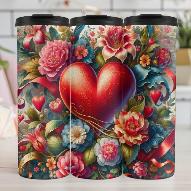 Bouteilles Isothermes Fleurs de cœur rouge orné (Créateur téléchargé)