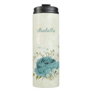 Bouteilles Isothermes fleurs de mariage en blanc et bleu avec verdure
