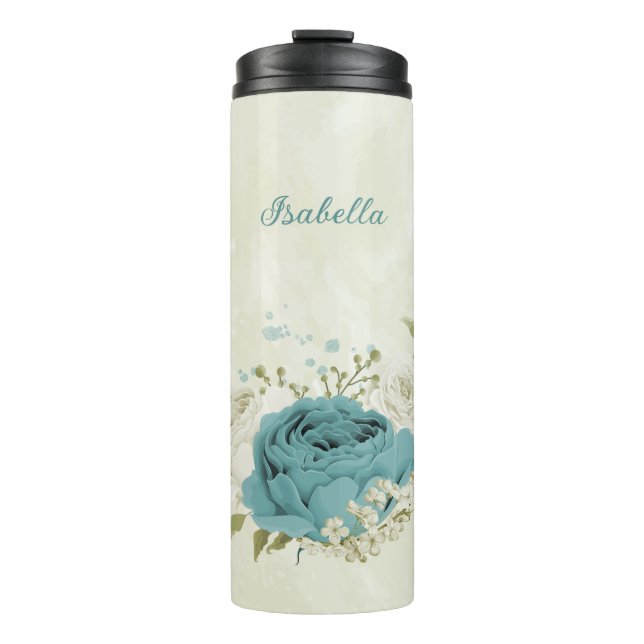 Bouteilles Isothermes fleurs de mariage en blanc et bleu avec verdure (Devant)