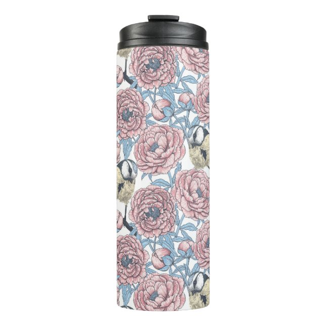 Bouteilles Isothermes Fleurs de pivoines et oiseaux (Devant)