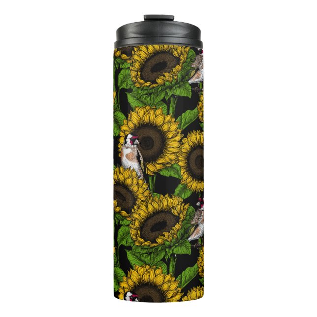 Bouteilles Isothermes Fleurs de soleil et ailerons sur noir (Devant)