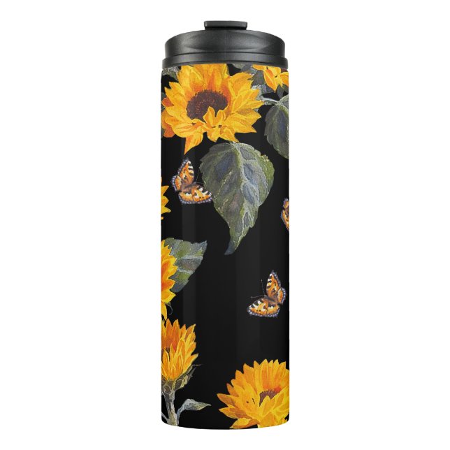 Bouteilles Isothermes Fleurs de soleil et papillons : Aquarelle Noir Bac (Devant)