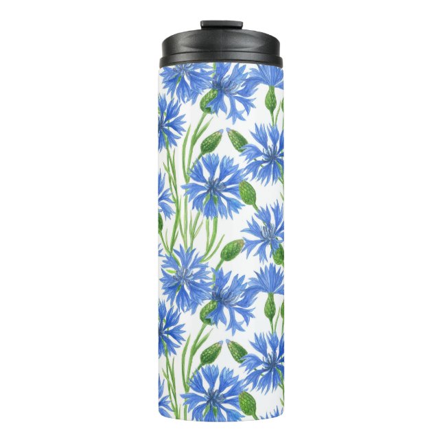 Bouteilles Isothermes Fleurs d'eau bleu, fleurs sauvages sur blanc (Devant)