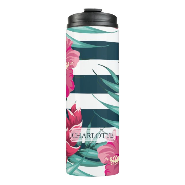 Bouteilles Isothermes Fleurs exotiques roses Monogrammes rayés (Devant)