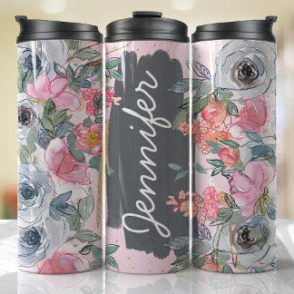 Bouteilles Isothermes Fleurs Gris Rose Ajouter Nom Cadeau Personnalisé